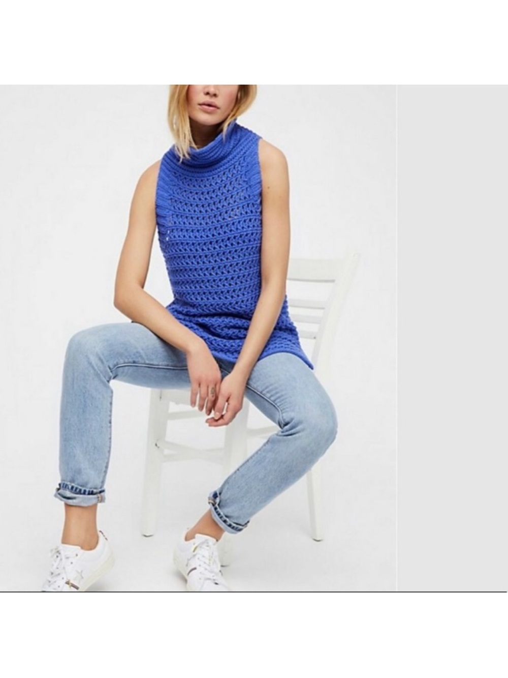 Free People Northern Lights Blue Crochet Sleeveless Cowl Neck Sweater Tunic M